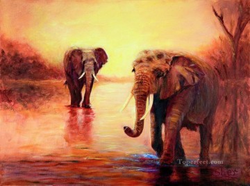 elefantes africanos al atardecer en el serengeti sher nasser Pinturas al óleo
